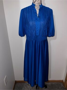 VTG 70s Samuel Blue Cobalt Royal Blue Pleated Midi Dress Sz 12